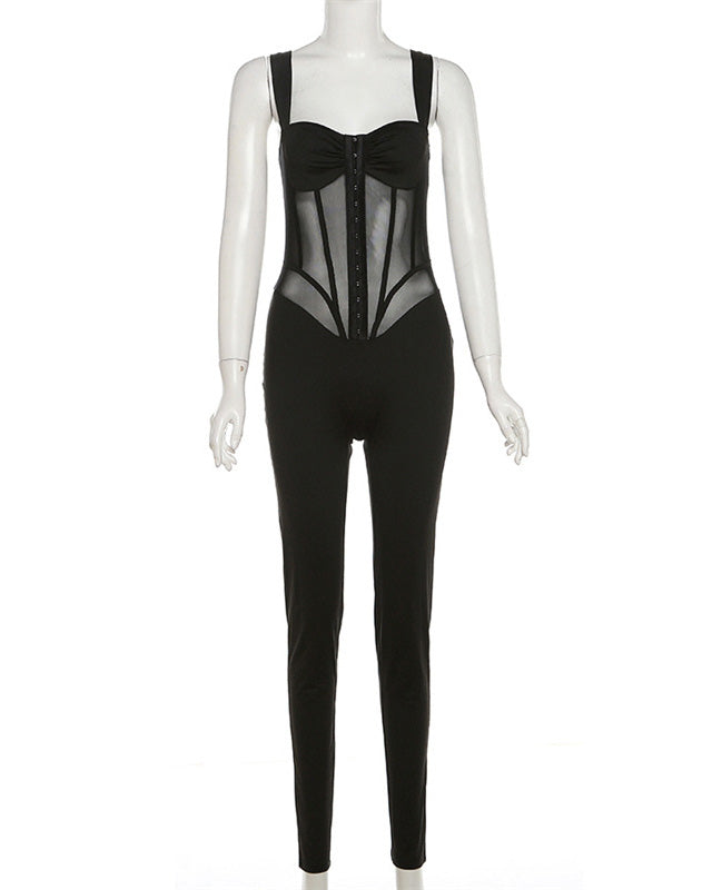 Sling Low-Cut See-Through Slim Jumpsuit
