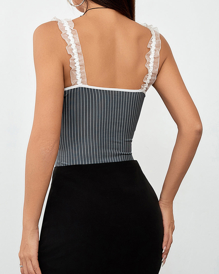 Striped Bow Straps With Lace Trim Slim-Fit Jumpsuit Top