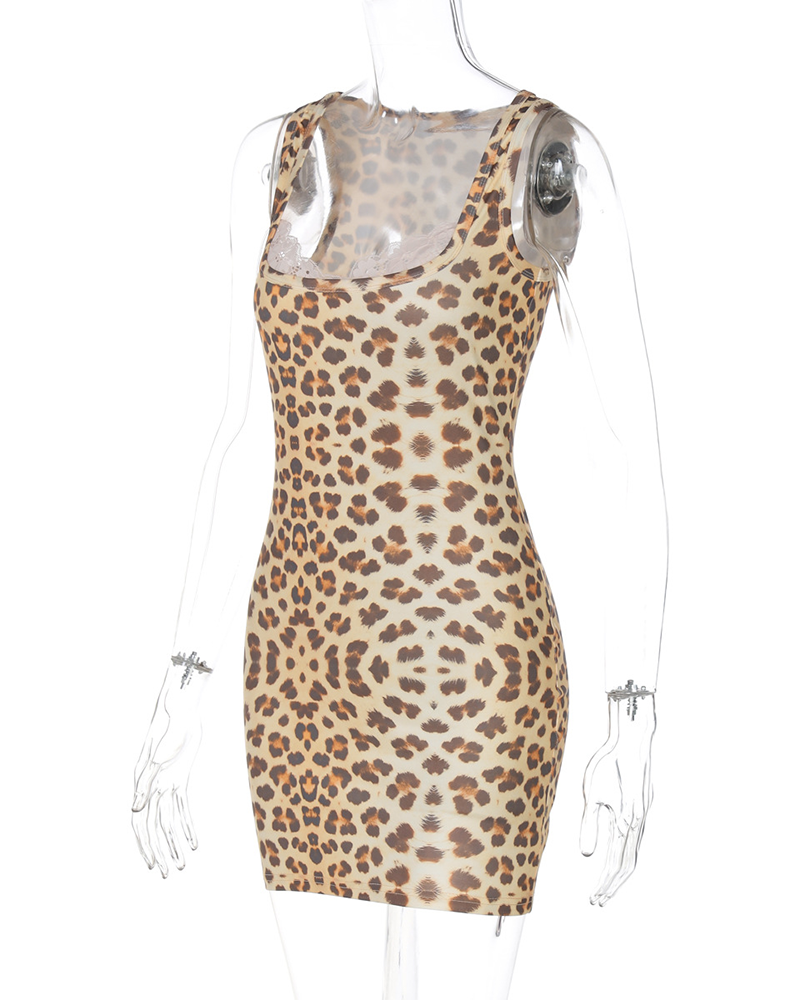 Leopard Print Lace Trim Dress