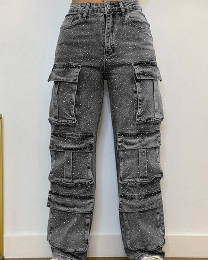 Diamond-Studded Casual Overalls