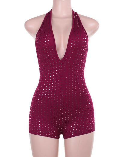 Slim Fit Deep V Jumpsuit With Rhinestones