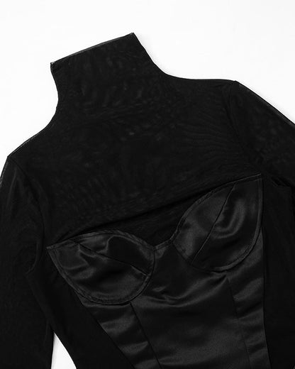 Mesh Splicing High Collar Slim Hollow Short Dress