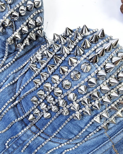 Distressed Denim Embellished Diamond Beaded Fringed Back Bandeau