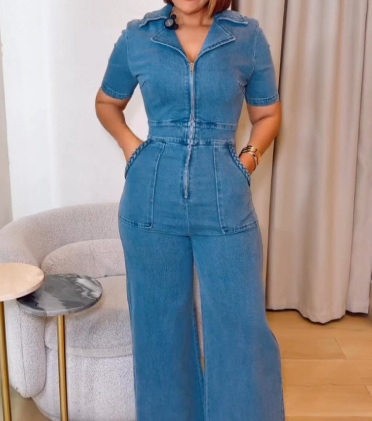 Casual Loose Straight Leg Demin Jumpsuits with Pockets