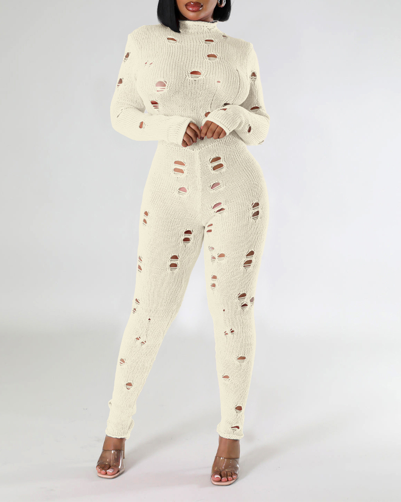 Long-Sleeved Knitted Holes In Slimming Jumpsuits
