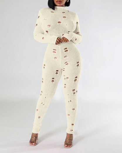 Long-Sleeved Knitted Holes In Slimming Jumpsuits